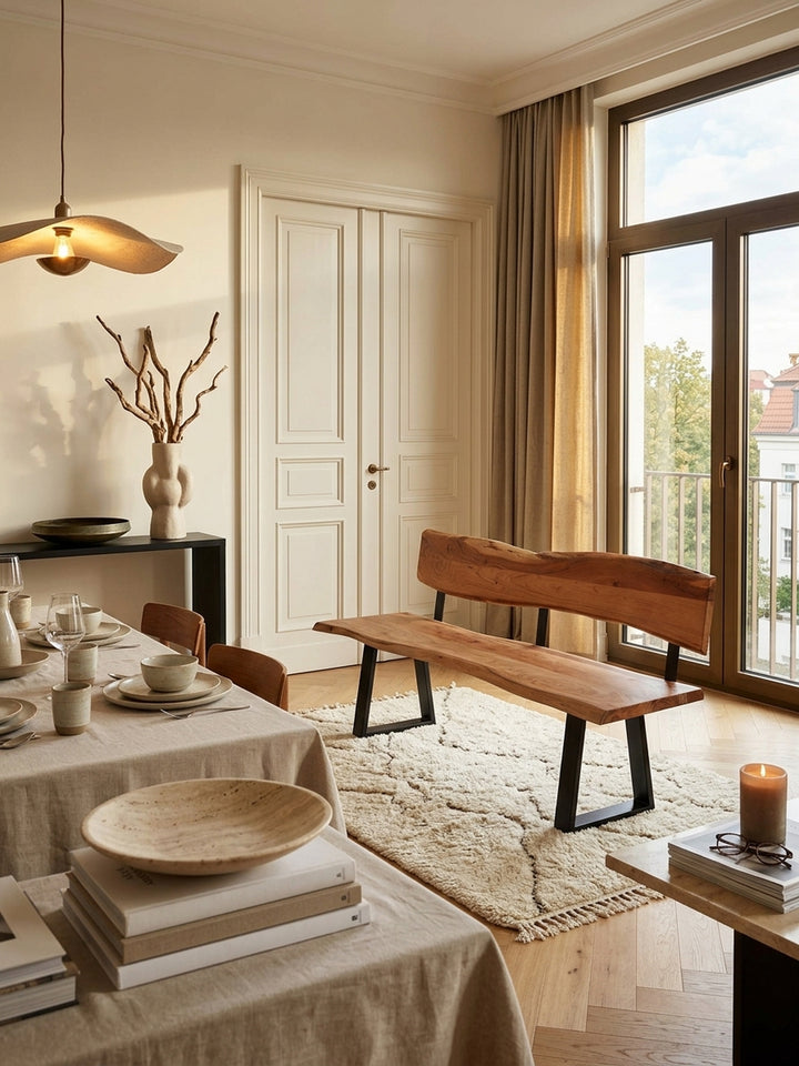 Exklusive Esszimmerbank aus massiver Akazie mit natürlicher Baumkante in einem eleganten Esszimmer. Warmes Holz und schwarze Metallbeine betonen den organisch-modernen Stil._