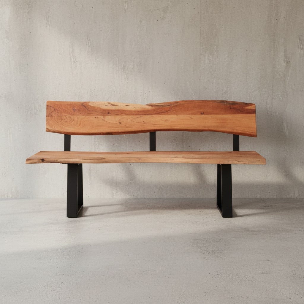 Esszimmerbank Landhaus-Stil_ Baumkantenverzierung_ Akazienholz_ 160x83_5x60 cm_ schwarzes Eisen-Gestell - KADIMA DESIGN_Größe_ 160x60x84 cm_