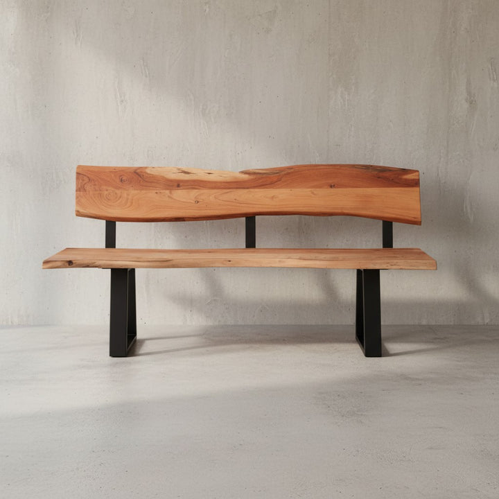 Esszimmerbank Landhaus-Stil_ Baumkantenverzierung_ Akazienholz_ 160x83_5x60 cm_ schwarzes Eisen-Gestell - KADIMA DESIGN_Größe_ 160x60x84 cm_