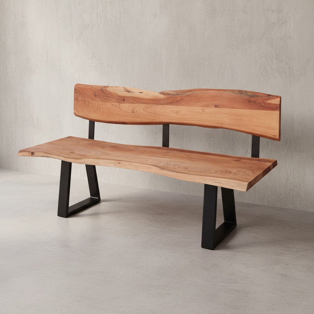 Esszimmerbank Landhaus-Stil_ Baumkantenverzierung_ Akazienholz_ 160x83_5x60 cm_ schwarzes Eisen-Gestell - KADIMA DESIGN_Größe_ 160x60x84 cm_