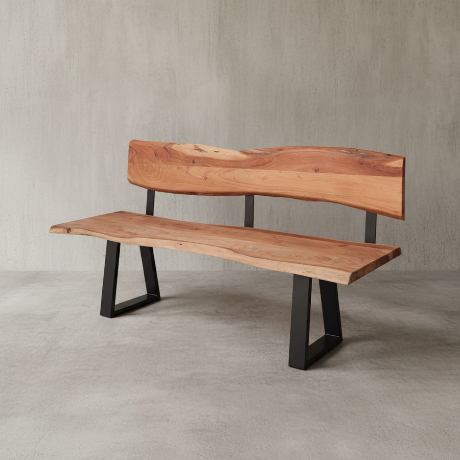 Esszimmerbank Landhaus-Stil_ Baumkantenverzierung_ Akazienholz_ 160x83_5x60 cm_ schwarzes Eisen-Gestell - KADIMA DESIGN_Größe_ 160x60x84 cm_