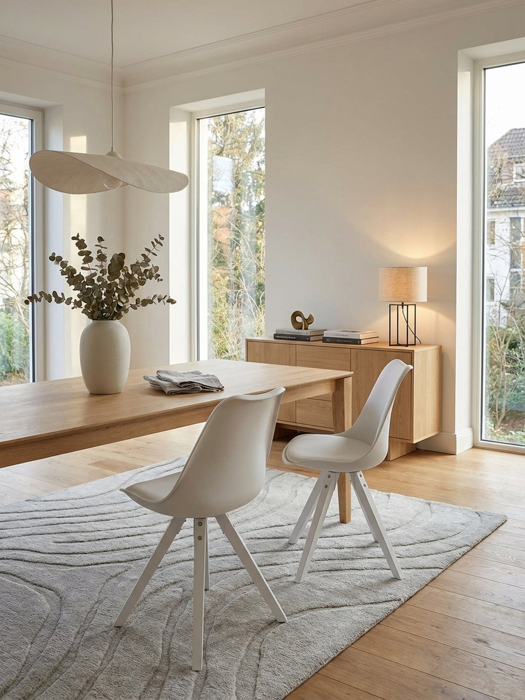 Zwei weiße skandinavische Esszimmerstühle an einem Eichentisch in einem hellen, minimalistischen Esszimmer, das für ein gemütliches Beisammensein gestaltet ist._