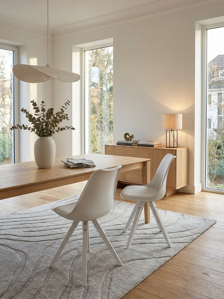 Zwei weiße skandinavische Esszimmerstühle an einem Eichentisch in einem hellen, minimalistischen Esszimmer, das für ein gemütliches Beisammensein gestaltet ist._