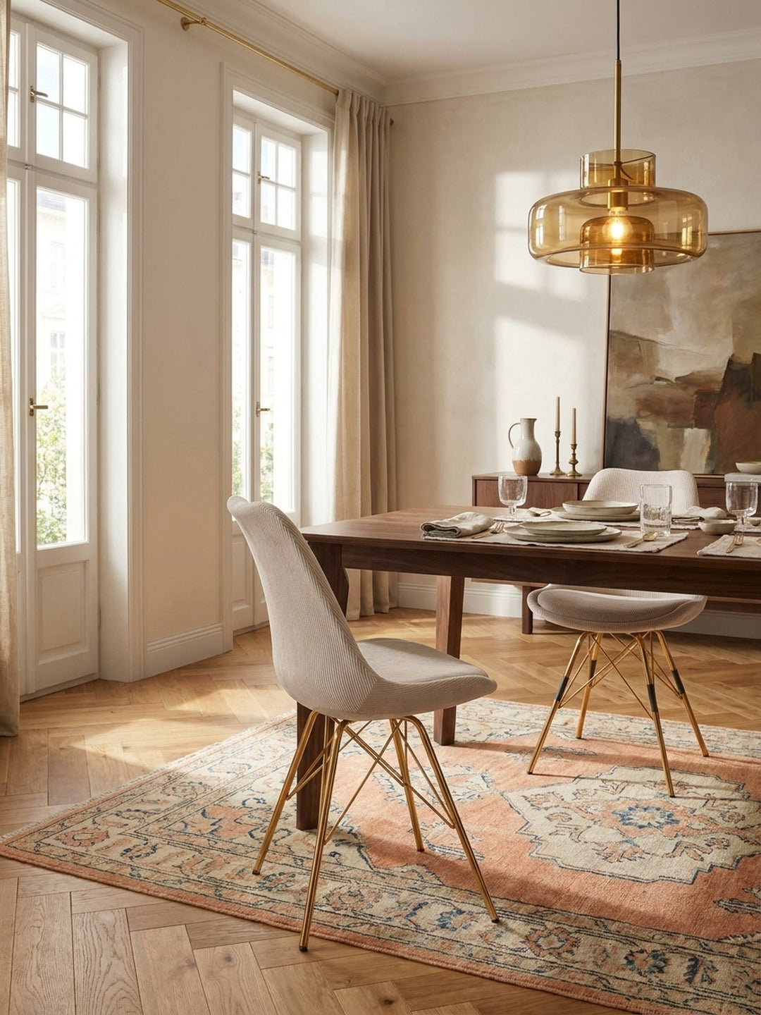 Zwei moderne Cord-Schalenstühle mit Goldgestell kombiniert mit einer puristischen Holzkonsole in einem stilvoll eingerichteten Wohnbereich_