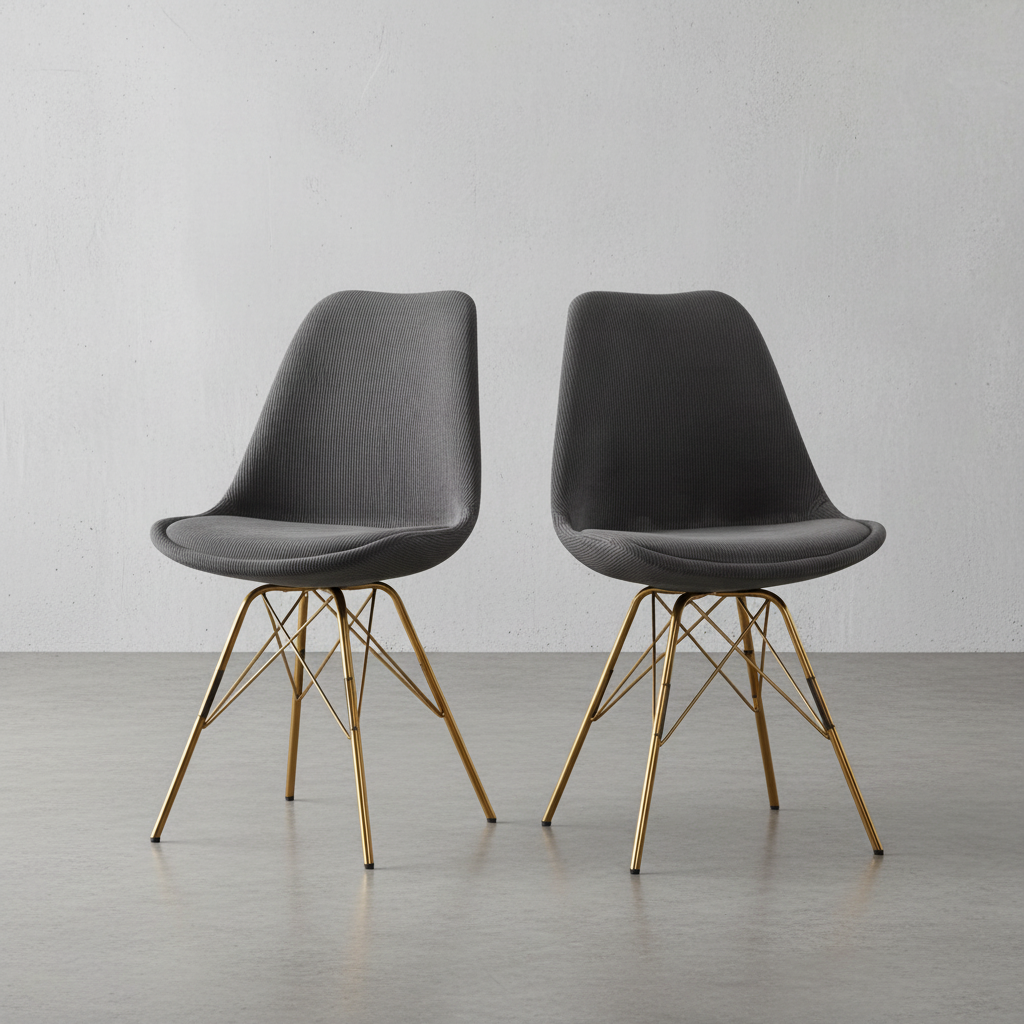 2er-Set Polsterstühle in Dunkelgrau mit Stoffbezug und goldenen Beinen – stilvolle Schalenstühle für Esszimmer und Küche_