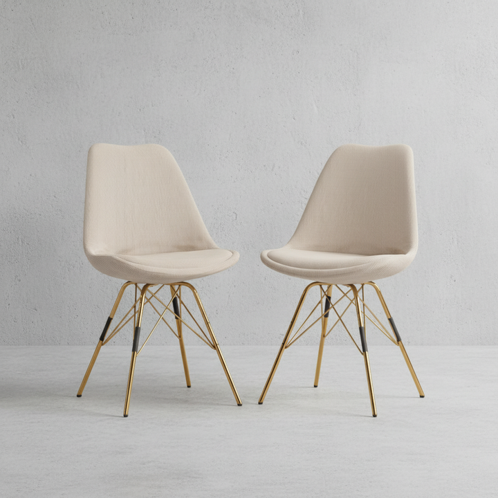 Beige Esszimmerstühle im Doppelpack, gepolstert mit Stoff und goldenem Metallgestell – elegantes Design für Küche und Essbereich_