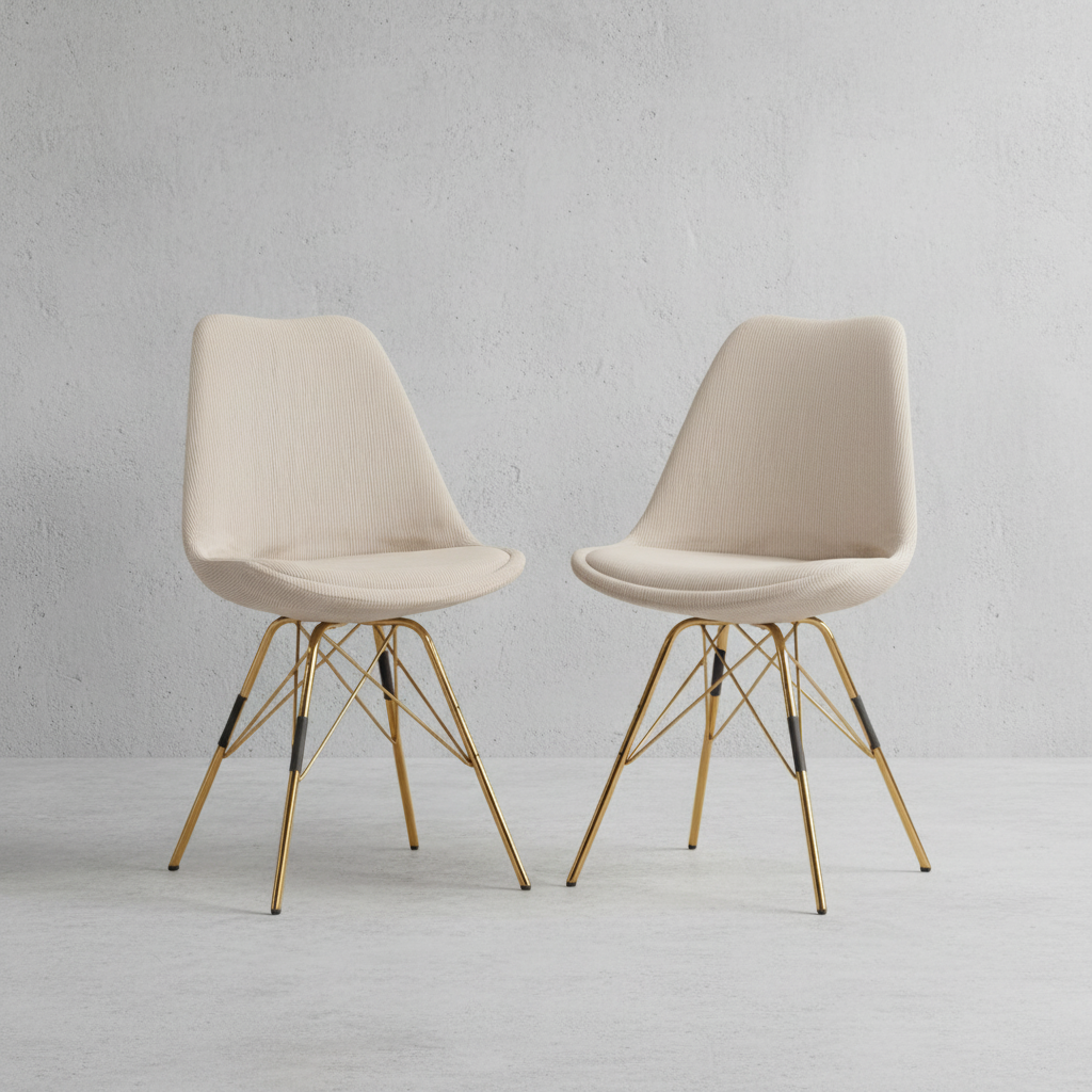 Beige Esszimmerstühle im Doppelpack, gepolstert mit Stoff und goldenem Metallgestell – elegantes Design für Küche und Essbereich_
