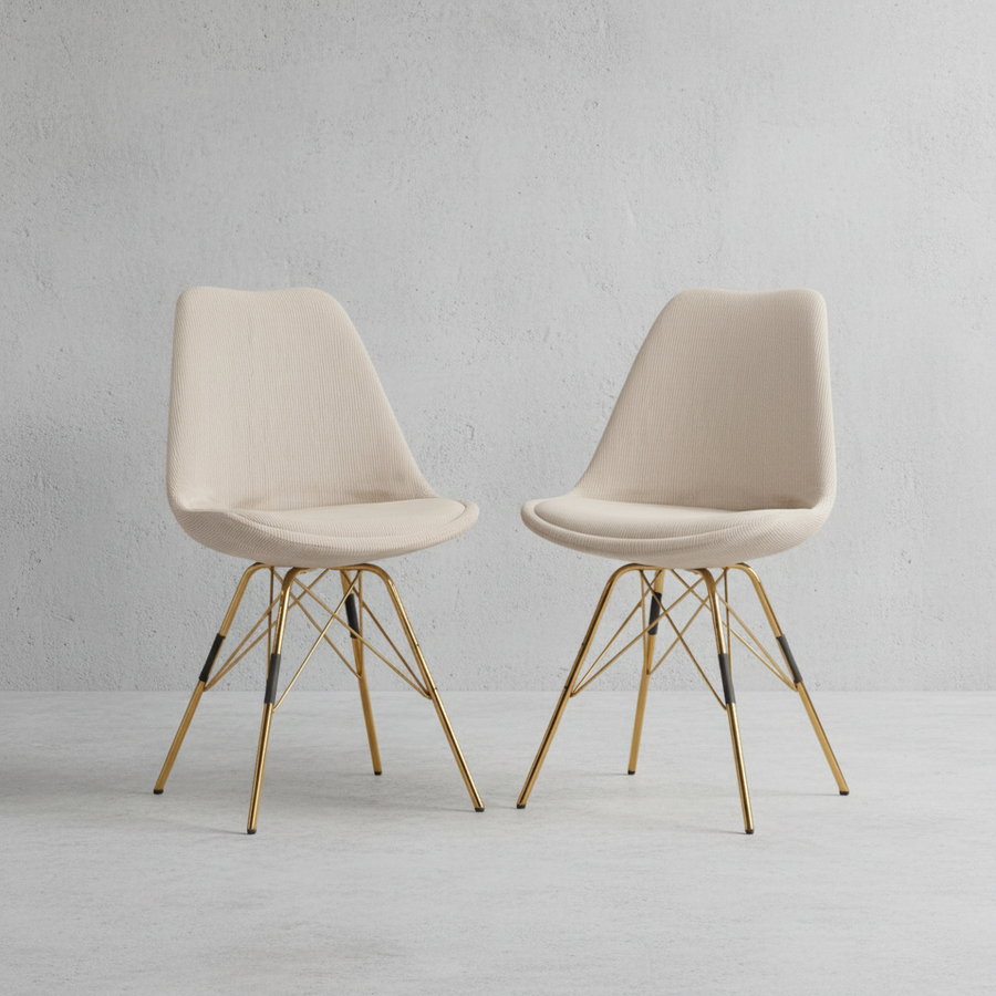 Beige Esszimmerstühle im Doppelpack, gepolstert mit Stoff und goldenem Metallgestell – elegantes Design für Küche und Essbereich_
