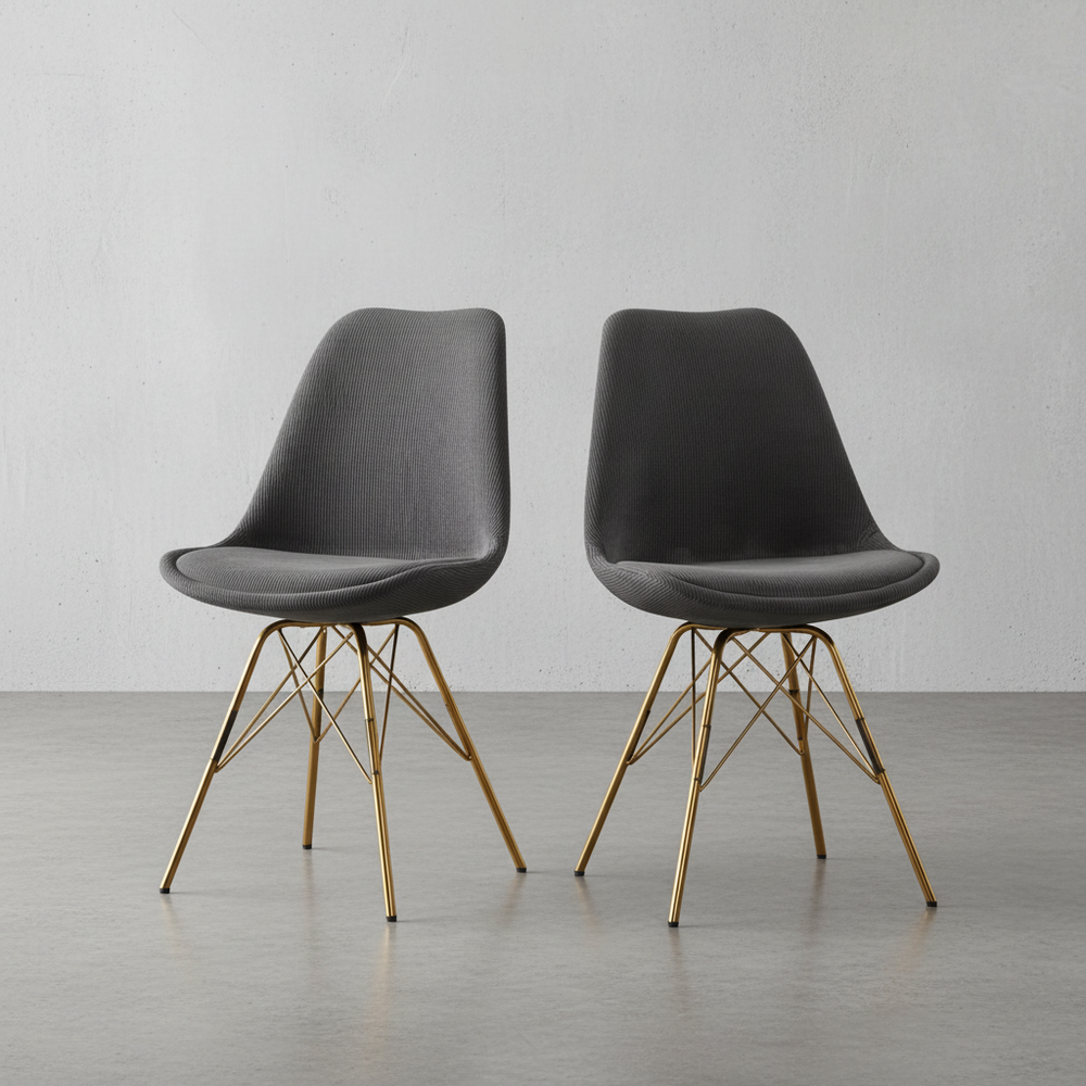 2er-Set Polsterstühle in Dunkelgrau mit Stoffbezug und goldenen Beinen – stilvolle Schalenstühle für Esszimmer und Küche_