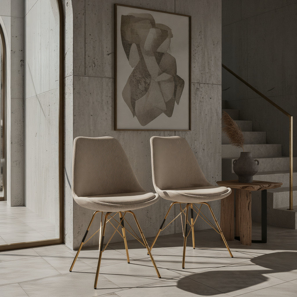 Esszimmerstuhl 2er Set Cordstoff mit Metallgestell Schalenform Skandinavisch gepolstert in Beige mit goldenen Beinen _