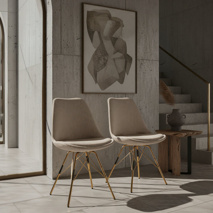 Esszimmerstuhl 2er Set Cordstoff mit Metallgestell Schalenform Skandinavisch gepolstert in Beige mit goldenen Beinen _