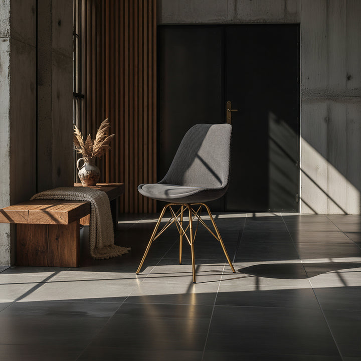 Moderner Polsterstuhl im 2er-Set in Dunkelgrau mit Stoffbezug und eleganten goldenen Beinen – ideal für Esszimmer oder Küche _