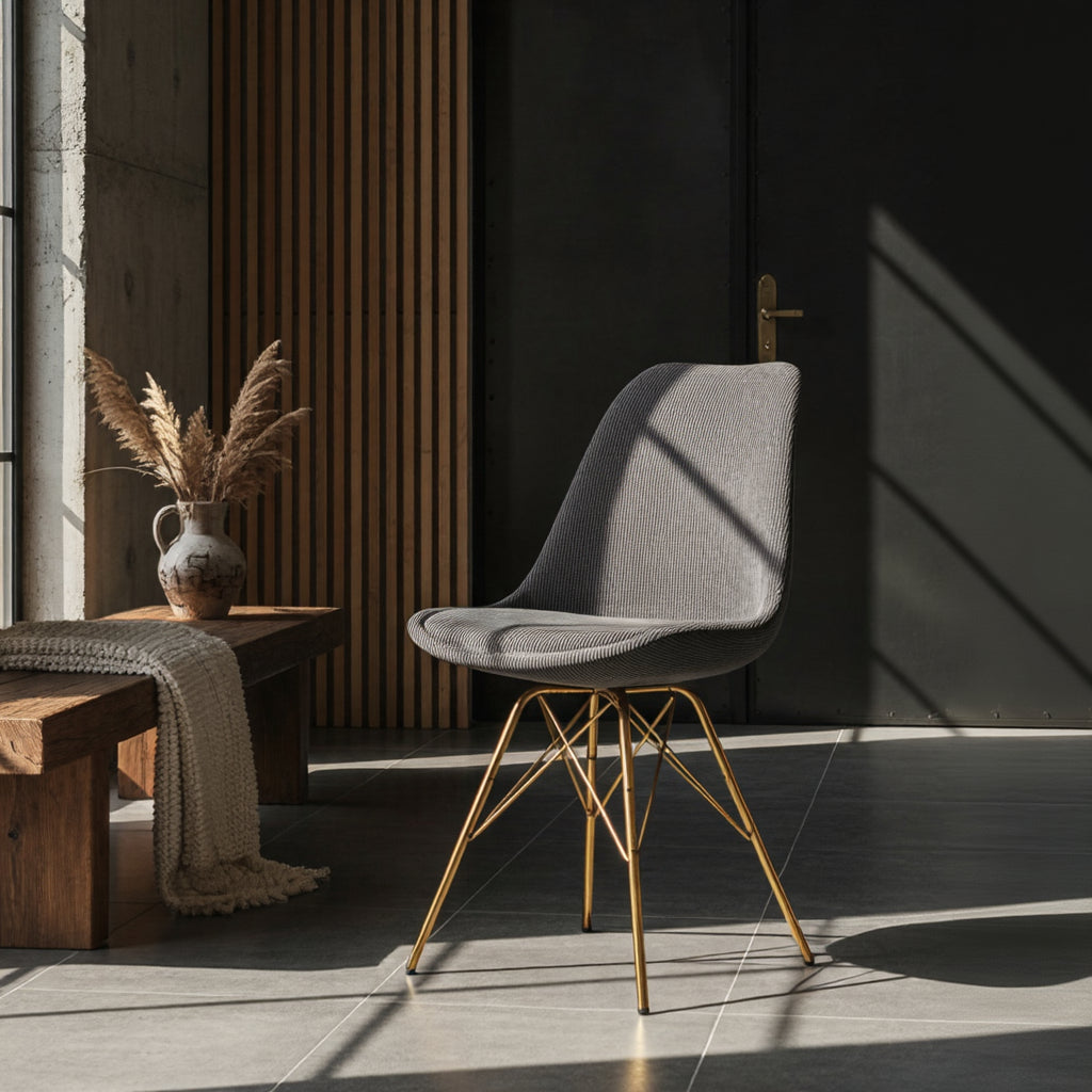 Elegante Esszimmerstühle im 2er-Set mit dunkelgrauem Stoffbezug und goldenen Beinen – modern, bequem und zeitlos _