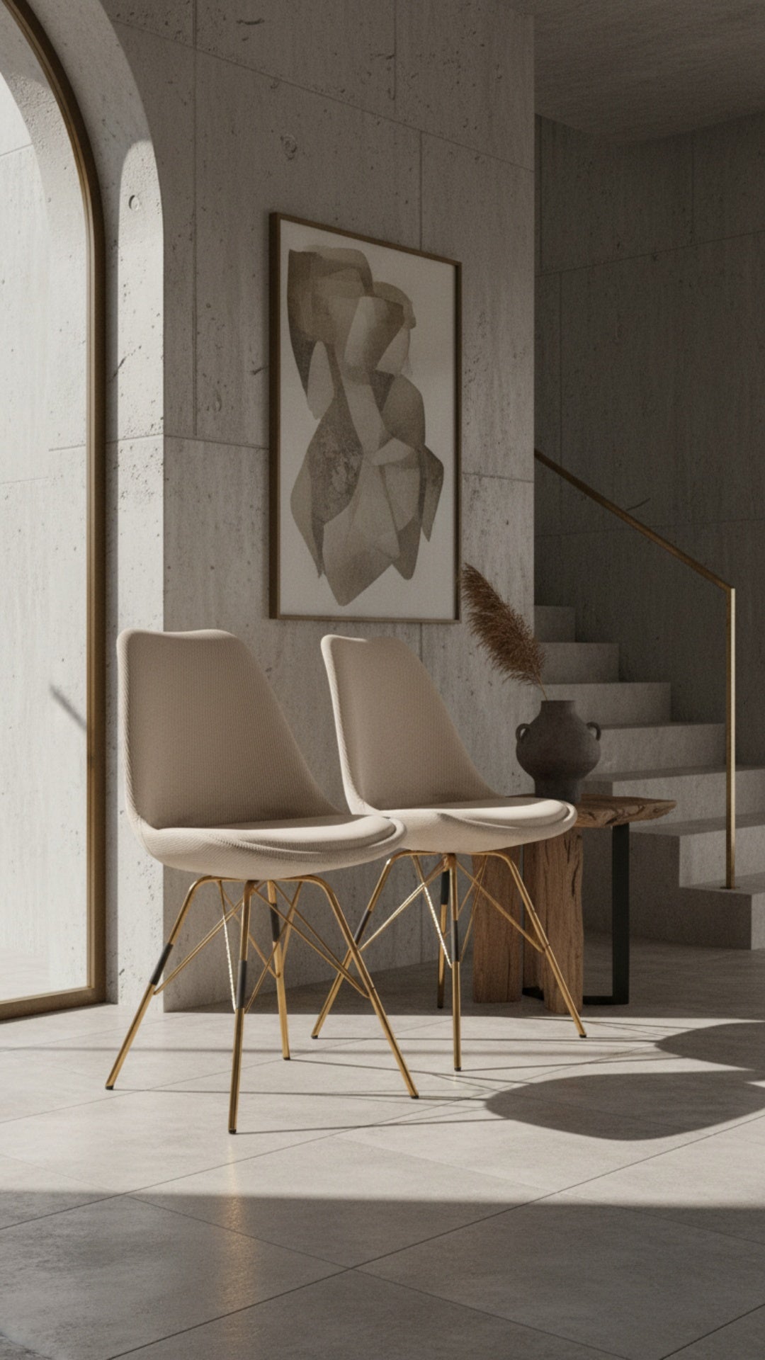 Moderne Küchenstühle im 2er Set – beige Esszimmerstühle aus Cord mit Polsterung, Schalenform und goldfarbenem Metallgestell _