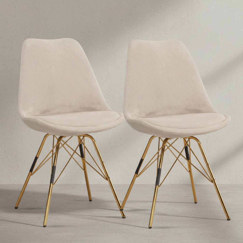 2er-Set Esszimmerstühle in Beige mit gepolstertem Stoffbezug und goldfarbenen Metallbeinen – moderner Küchenstuhl im skandinavischen Stil_