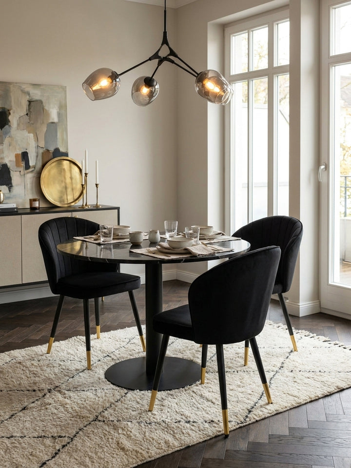 Zwei schwarze Esszimmerstühle aus Samt im stilvollen Set kombiniert mit einem massiven dunklen Holztisch vor einer weißen Wand mit klassischen Stuckdetails._