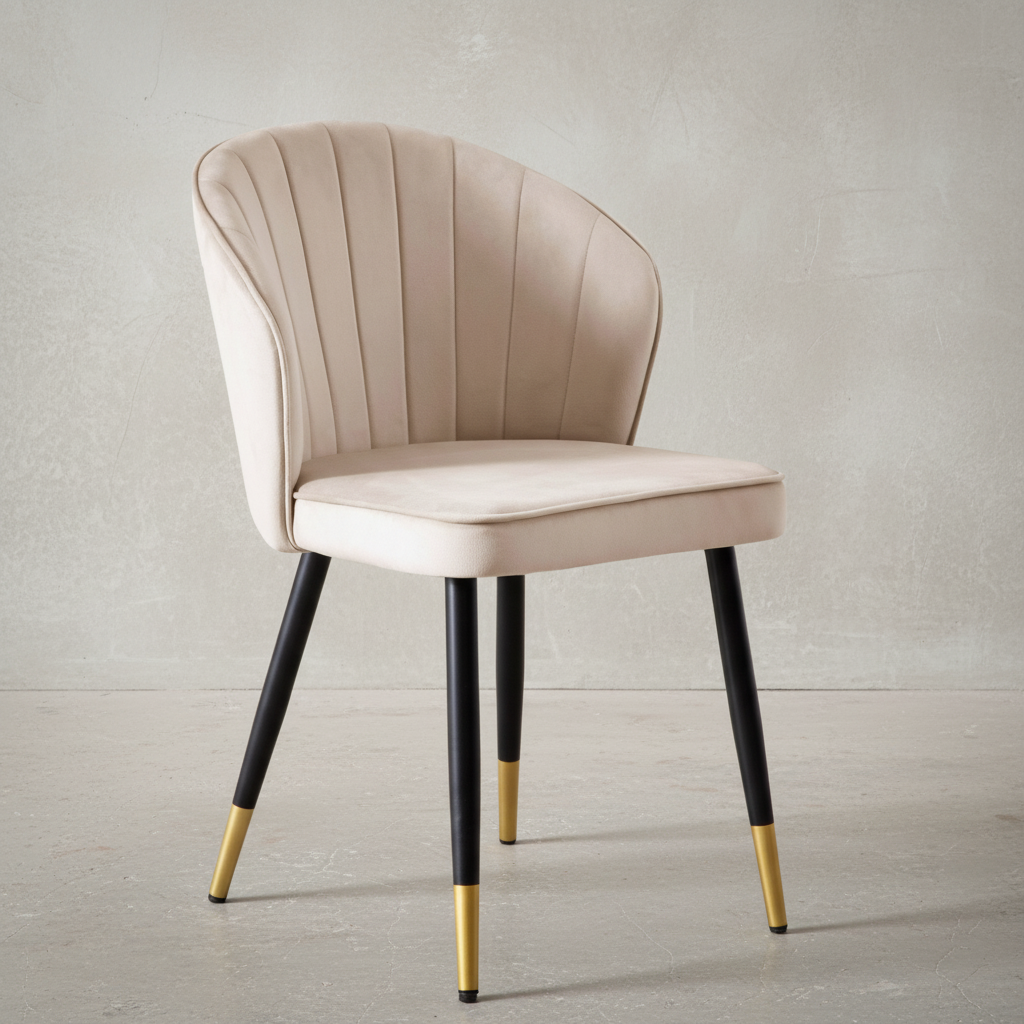 Samt Esszimmerstuhl in Beige mit schwarzem Gestell und goldenen Füßen im modernen Stil _