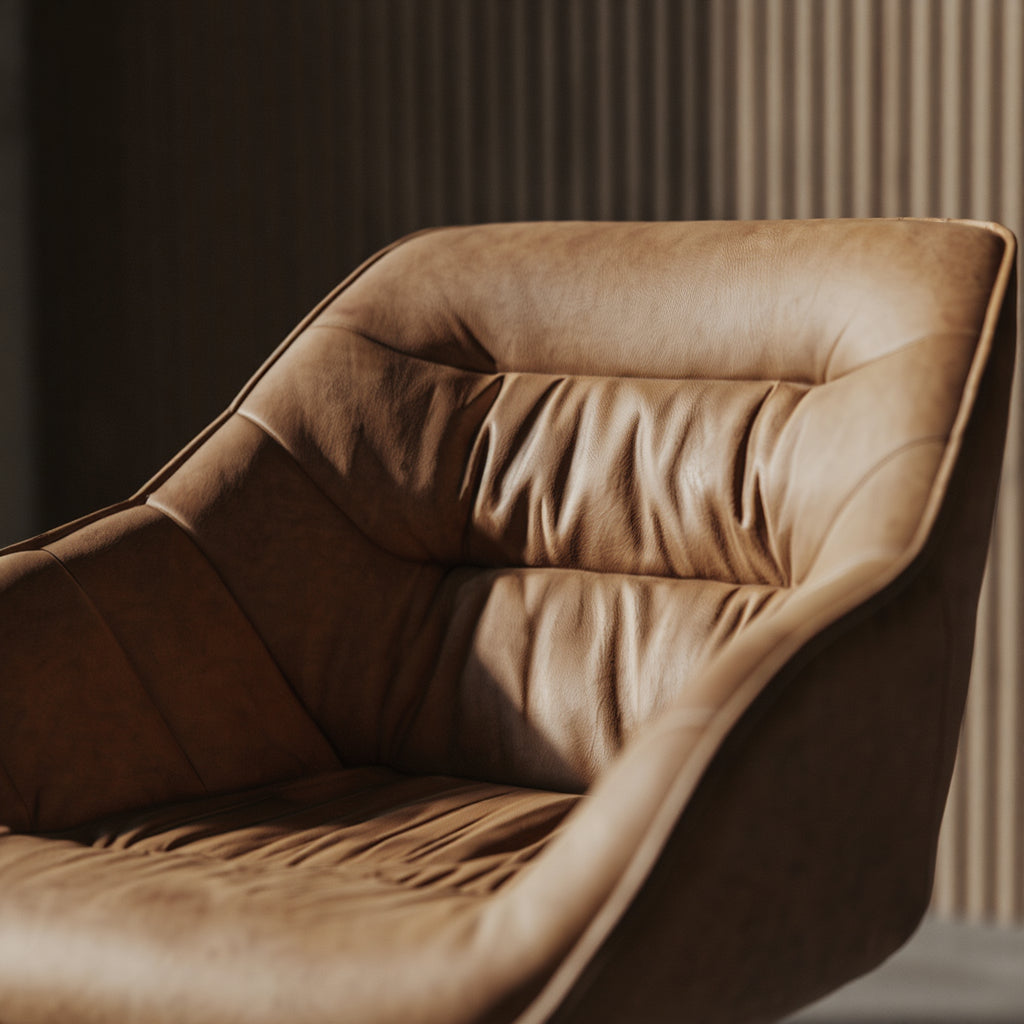 Detailaufnahme des Esszimmerstuhls Loche in Braun: weicher Stoffbezug und elegante Verarbeitung für zeitlose Eleganz_