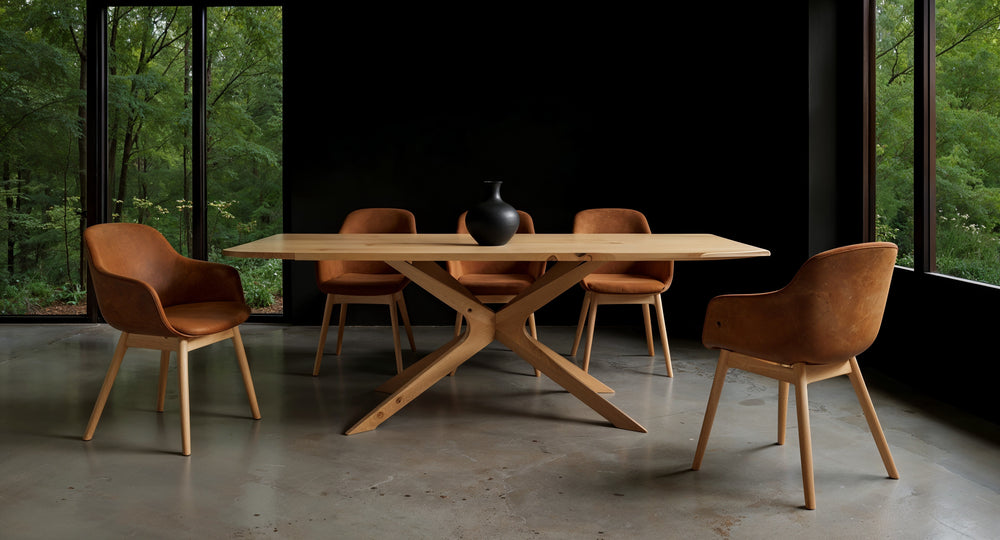 Esstisch Holz mit cognacfarbenen Mikrofaser-Esszimmerstühlen von Kadima Design_