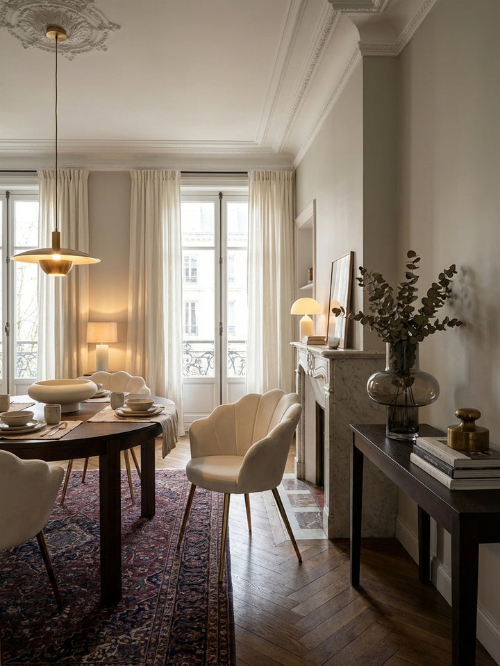 Eleganter Samt-Esszimmerstuhl in Creme-Weiß mit goldenen Beinen an einem runden Marmortisch in einem stilvollen Pariser Esszimmer mit Fischgrätparkett._