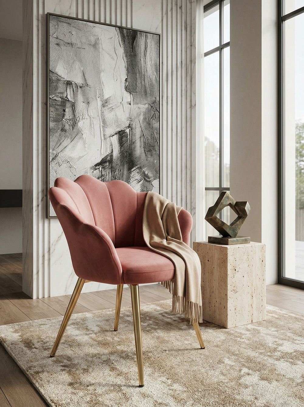 Esszimmerstuhl TULIP_ Skandinavisches Design_ Samtbezug_ goldene Metallbeine_ Kunststoffkappen - KADIMA DESIGN_Farbe_ Rosa_ Größe_ 53x48x80 cm_