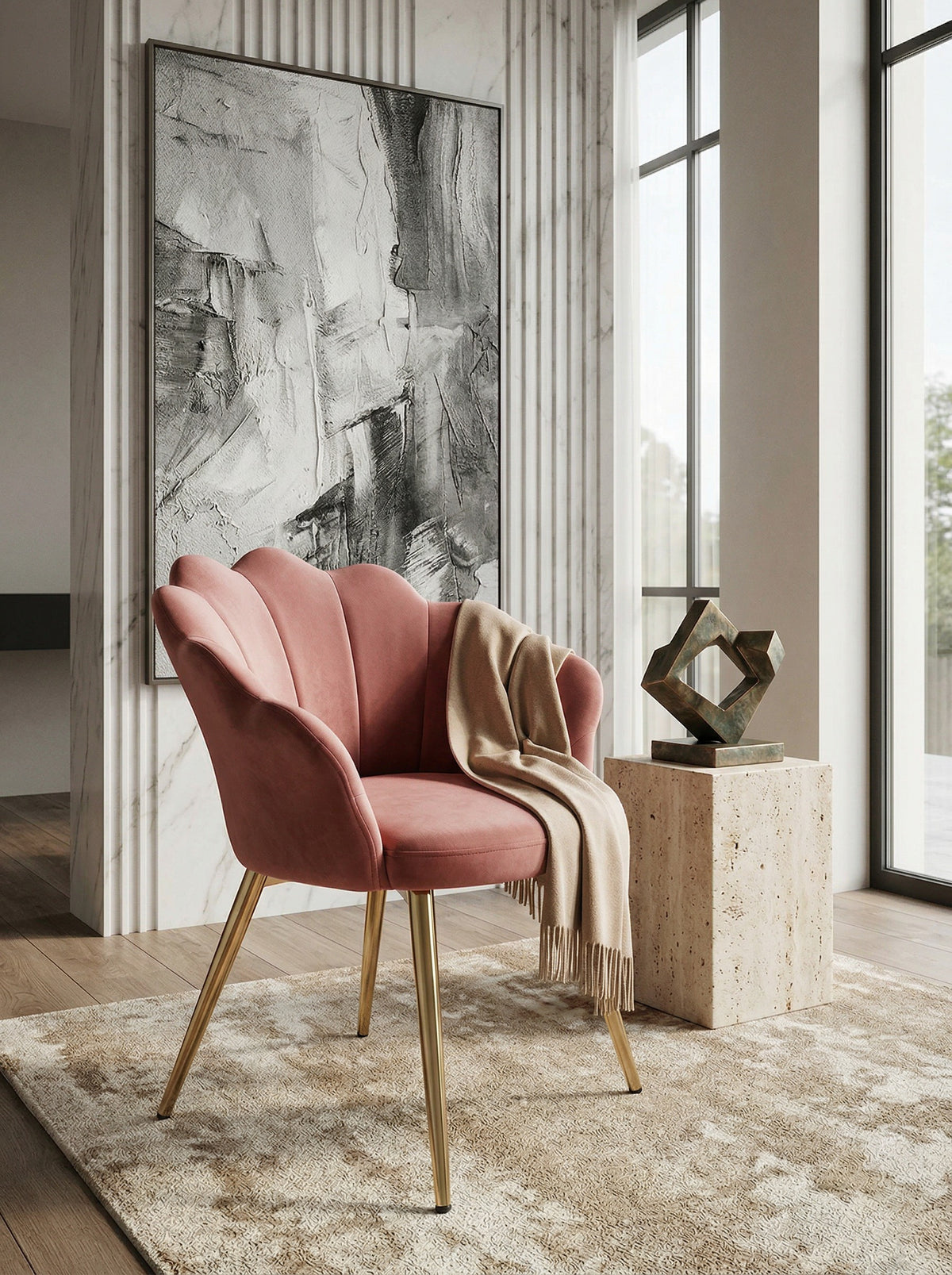 Esszimmerstuhl TULIP  Skandinavisches Design  Samtbezug  goldene Metallbeine  Kunststoffkappen - KADIMA DESIGN Farbe  Rosa  Größe  47,5x53x80 cm