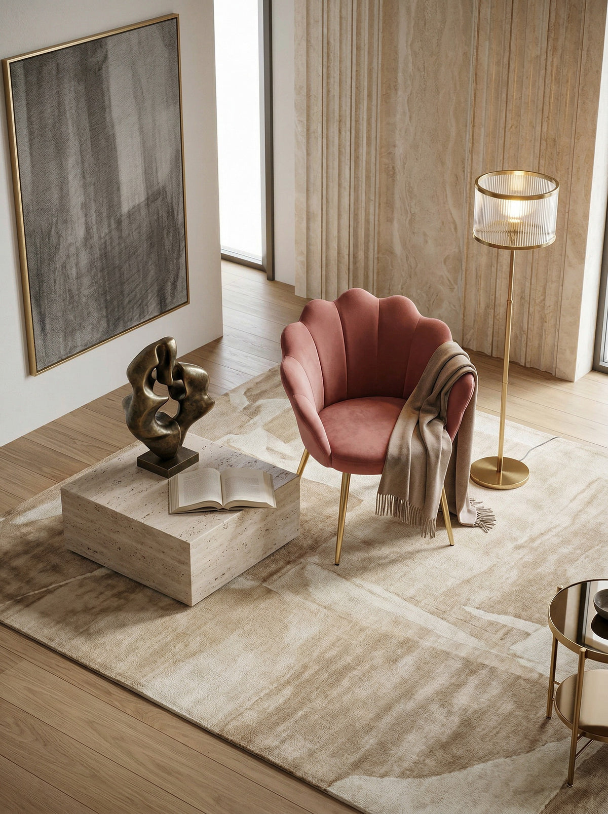 Esszimmerstuhl TULIP  Skandinavisches Design  Samtbezug  goldene Metallbeine  Kunststoffkappen - KADIMA DESIGN Farbe  Rosa  Größe  47,5x53x80 cm