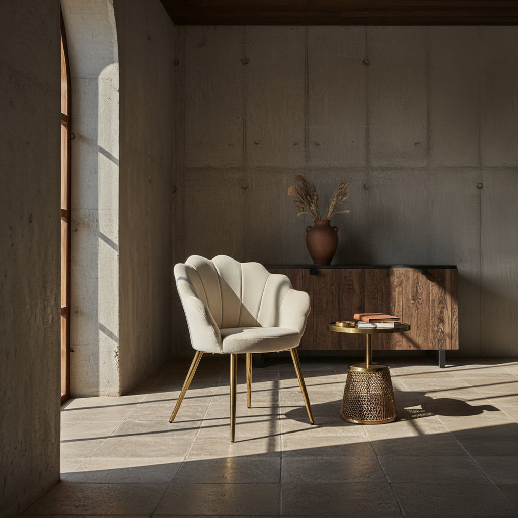 Eleganter Sessel in Beige mit goldenen Beinen im modernen Interieur_