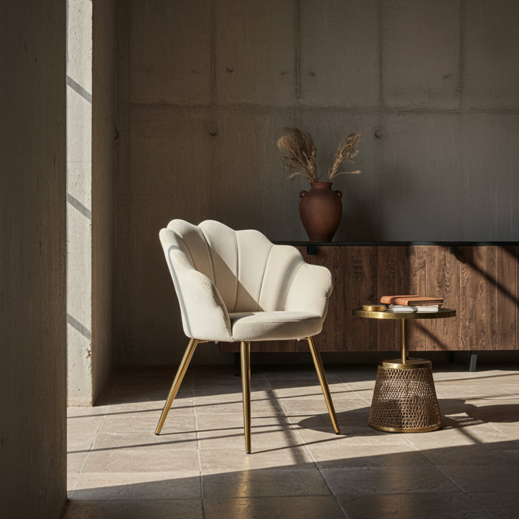 Eleganter Sessel in Beige mit goldenen Beinen im modernen Interieur_