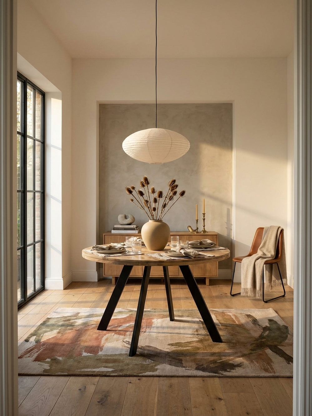 Esszimmertisch aus massivem Mangoholz im Mittelpunkt eines lichtdurchfluteten Esszimmers mit Eichenparkett und großer Fensterfront._