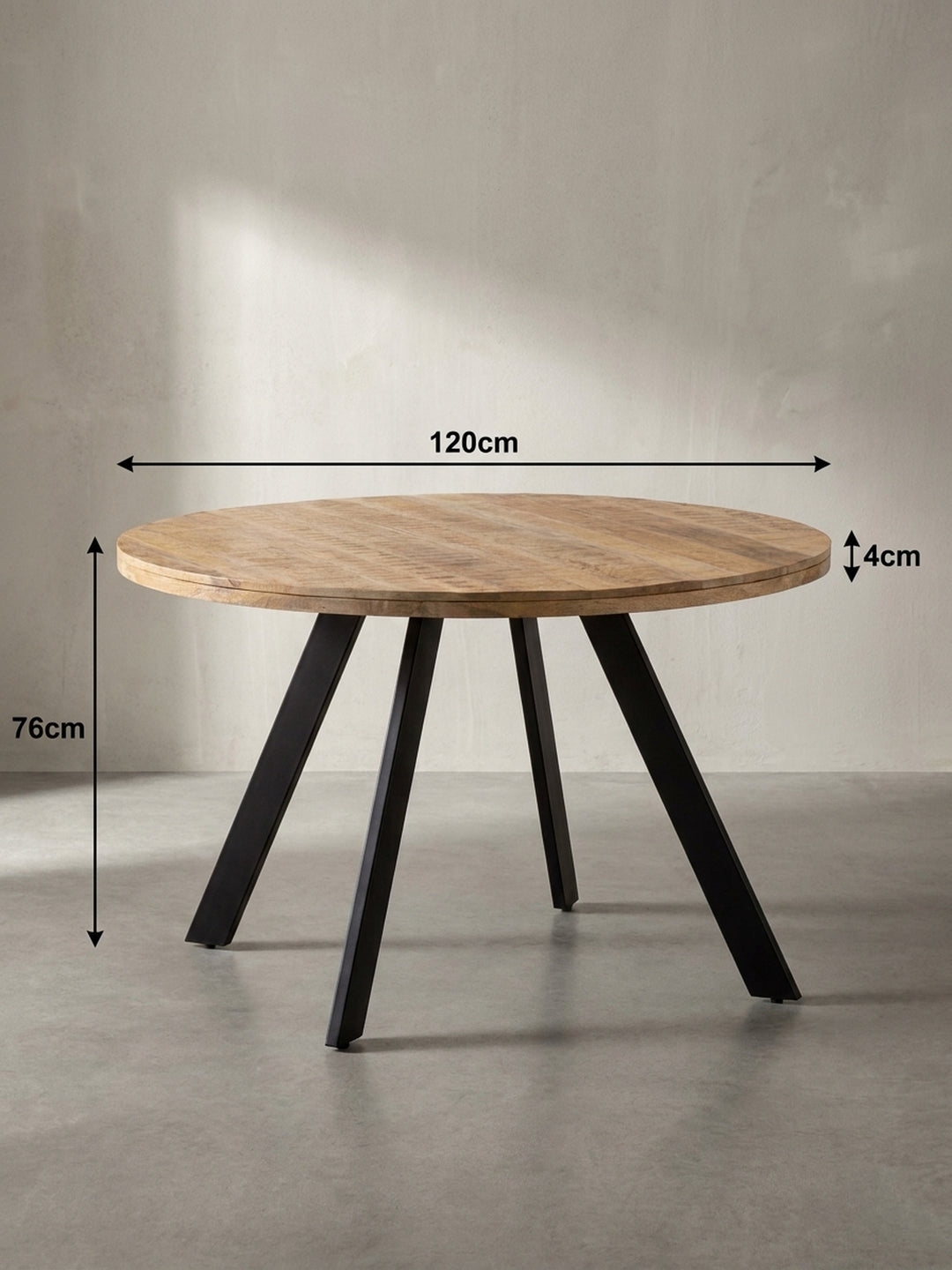 Technisches Bild des Esstischs mit exakten Maßen: Durchmesser 120 cm, Höhe 76 cm und Plattenstärke 4 cm, für die Raumplanung._