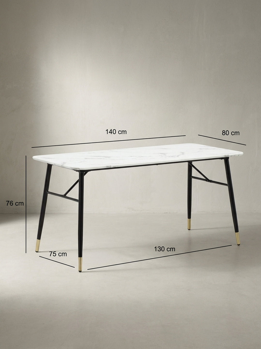 Technische Zeichnung des Esstisches mit genauen Maßangaben von 140 cm Länge, 80 cm Breite und 76 cm Höhe_