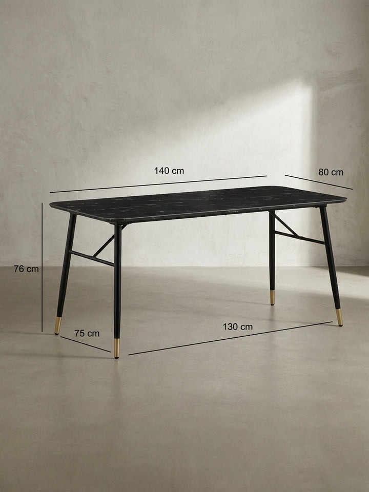 Technische Zeichnung des schwarzen Esstisches in Marmoroptik mit genauen Maßangaben von 140 cm Länge und 76 cm Höhe zur perfekten Planung der Raumaufteilung im Esszimmer._