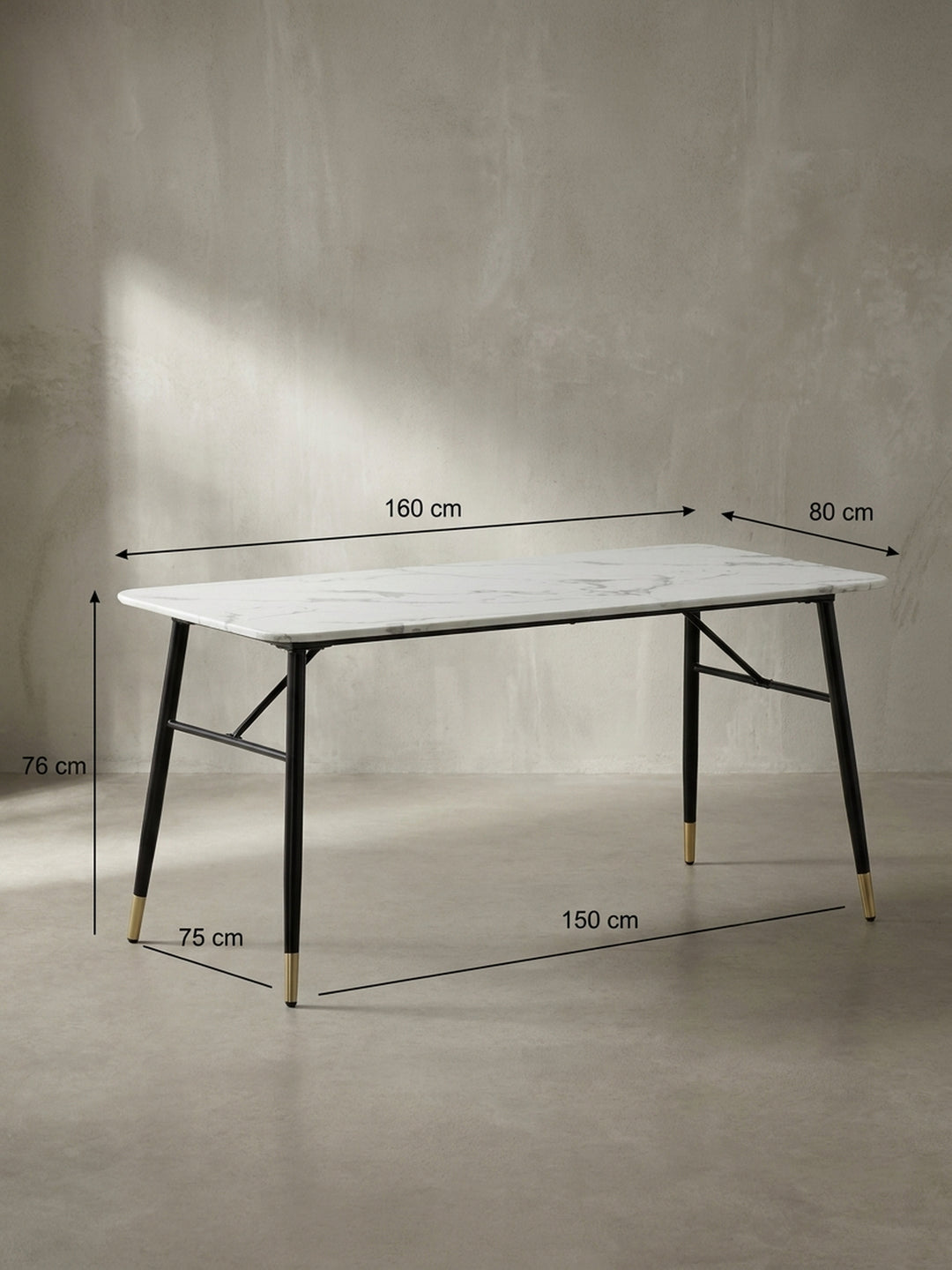 Technische Maßzeichnung des Esstisches mit genauen Angaben von 160 cm Länge, 80 cm Breite, 76 cm Höhe sowie dem Abstand zwischen den Tischbeinen_