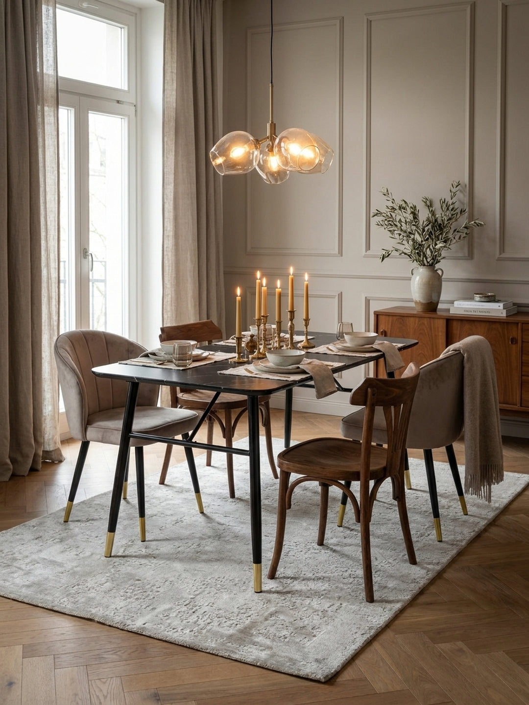 Der rechteckige Esstisch mit schwarzen Metallbeinen fügt sich harmonisch neben ein Vintage-Sideboard aus Nussholz vor einer subtilen greigen Wandtäfelung ein._