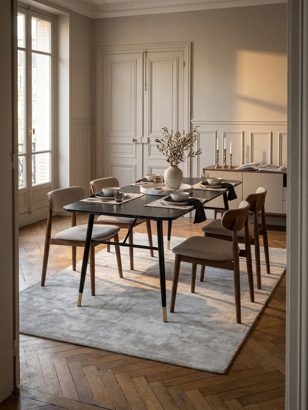 Eleganter Esstisch in schwarzer Marmor-Optik 160x80 cm im luxuriösen Esszimmer auf matt geöltem Eichenparkett unter einer skulpturalen Messingpendelleuchte._