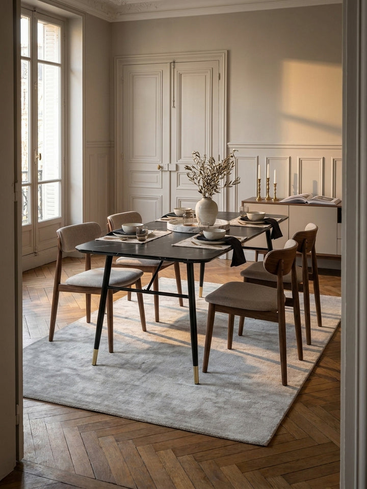 Eleganter Esstisch in schwarzer Marmor-Optik 160x80 cm im luxuriösen Esszimmer auf matt geöltem Eichenparkett unter einer skulpturalen Messingpendelleuchte._