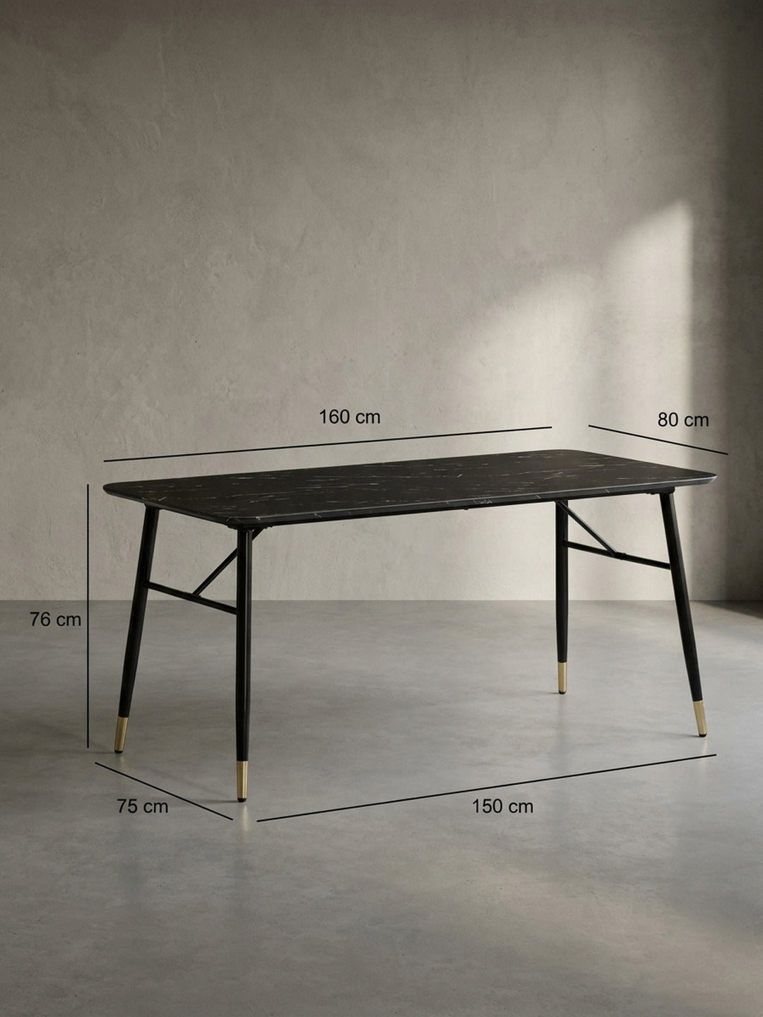 Technische Zeichnung des schwarzen Esstisches in Marmor-Optik mit präzisen Maßangaben von 160 cm Länge, 80 cm Breite und 76 cm Höhe für die optimale Raumplanung._