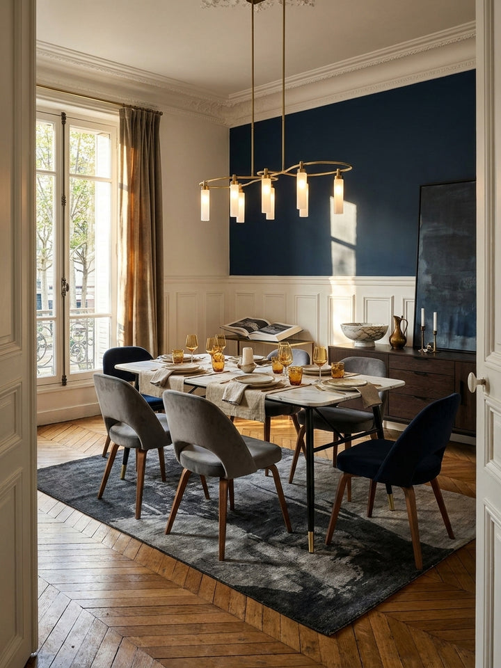 Eleganter Esstisch in weißer Marmor-Optik mit schwarz-goldenen Metallbeinen im modernen Pariser Esszimmer unter einer linearen Messingpendelleuchte_