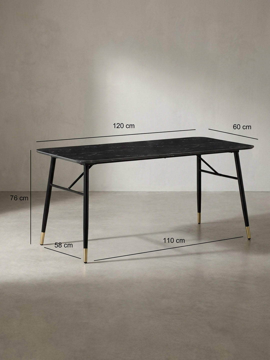 Technische Maßzeichnung des rechteckigen Esstisches mit genauen Maßangaben zu Länge 120 cm Breite 60 cm und Gesamthöhe 76 cm_