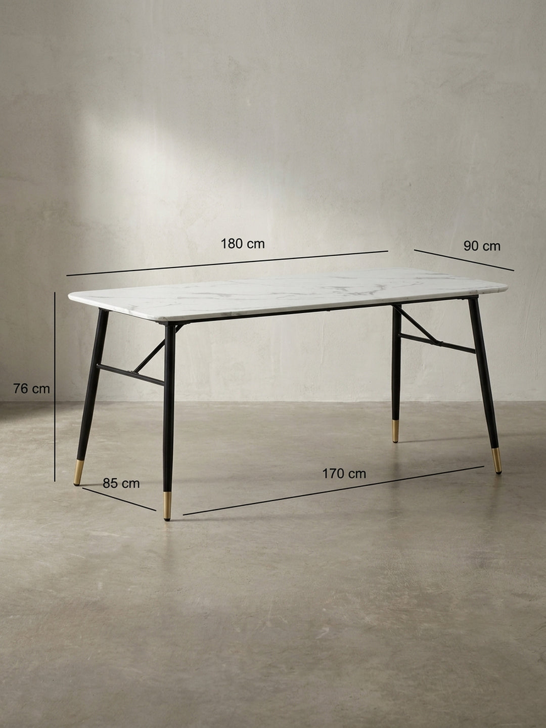 Technische Zeichnung des weißen Esstisches mit genauen Maßangaben Länge 180 cm Breite 90 cm und Höhe 76 cm für die optimale Raumplanung_