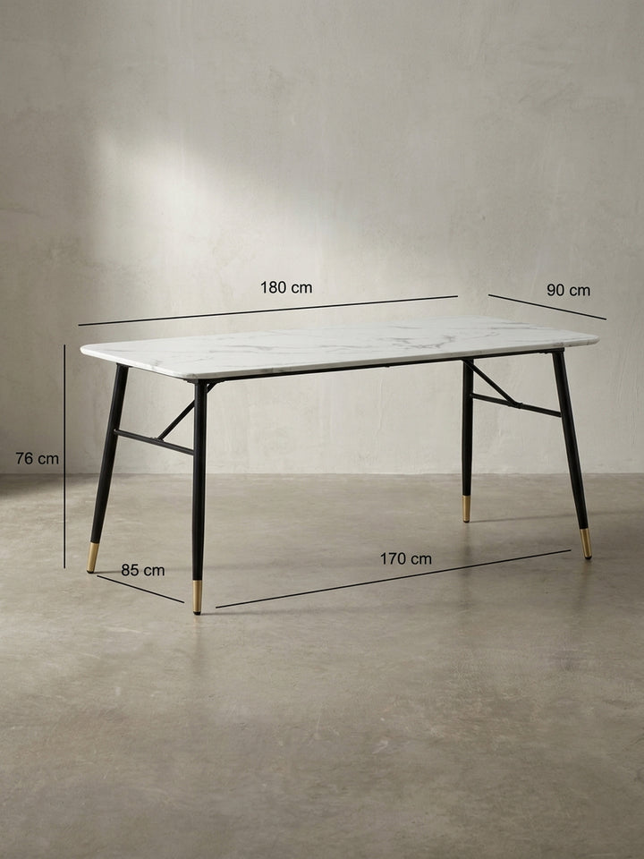 Technische Zeichnung des weißen Esstisches mit genauen Maßangaben Länge 180 cm Breite 90 cm und Höhe 76 cm für die optimale Raumplanung_