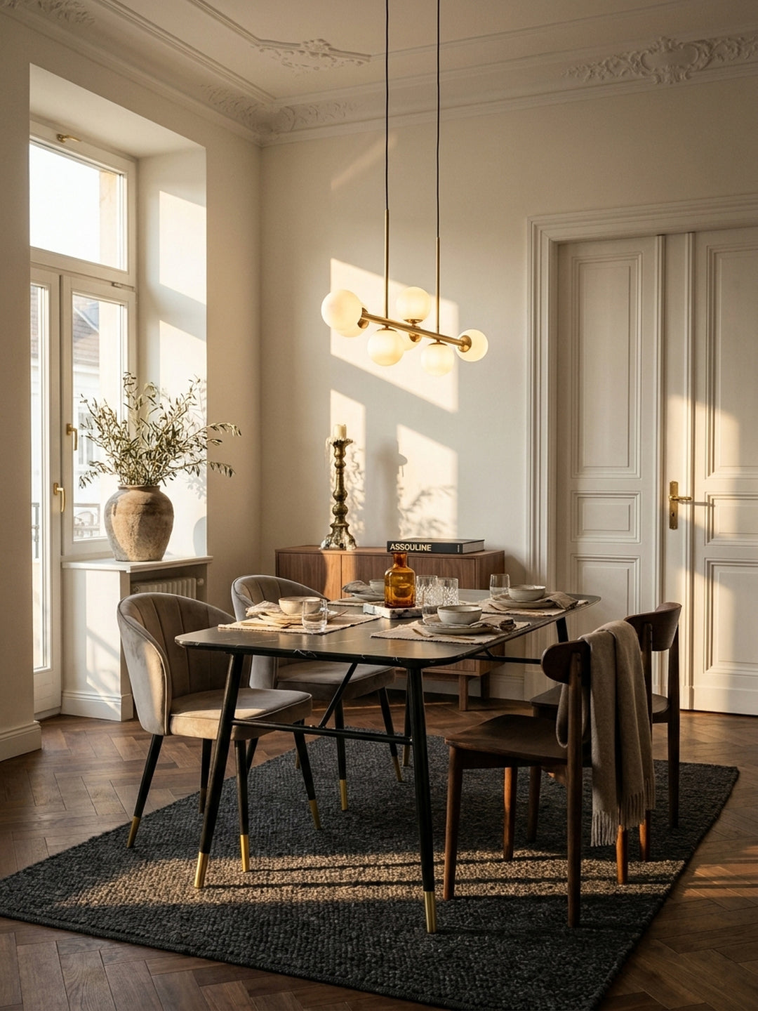 Großer rechteckiger Esstisch 180x90 cm in schwarzer Marmor-Optik mit goldenen Akzenten im stilvollen Esszimmer mit dunklem Fischgrätparkett_