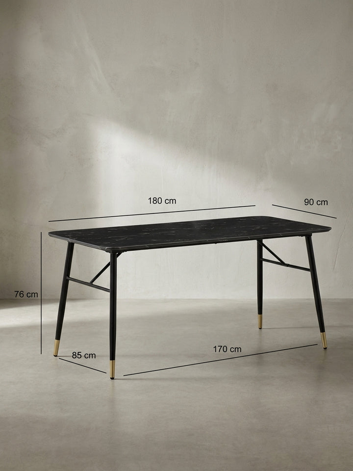Technische Zeichnung des schwarzen Esstisches mit präzisen Maßangaben von 180 cm Länge und 76 cm Höhe für die perfekte Raumplanung_