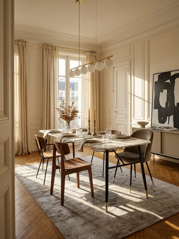 Eleganter Esstisch in Marmor-Optik 200x90 cm mit schwarzen Metallbeinen im lichtdurchfluteten Esszimmer auf Eichenparkett_