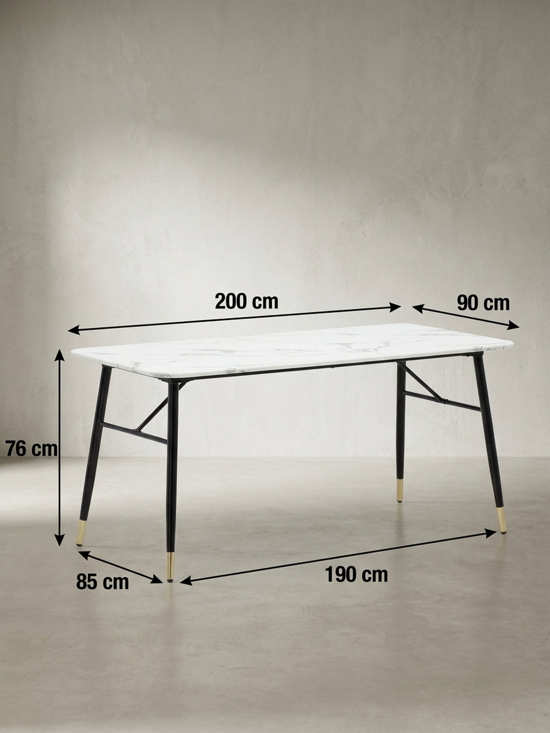 Technische Zeichnung des Esstisches mit genauen Maßangaben von 200 cm Länge 90 cm Breite und 76 cm Höhe für die Raumplanung_