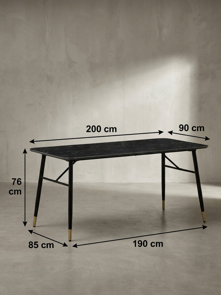 Maßskizze des Esstisches mit genauen Abmessungen von 200 cm Länge und 76 cm Höhe für die präzise Raumplanung._