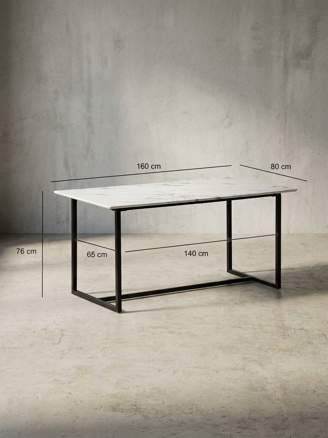 Technische Zeichnung des rechteckigen Esstisches in Marmor-Optik mit genauen Maßangaben von 160x80x76 cm für eine präzise Raumplanung._