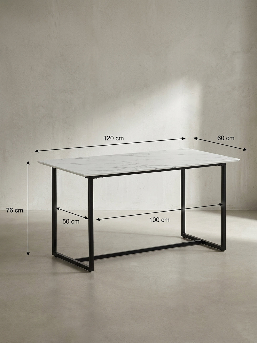 Technische Zeichnung des kompakten Esstisches in Marmor-Optik mit präzisen Maßangaben von 120x60x76 cm für die exakte Planung im heimischen Esszimmer_