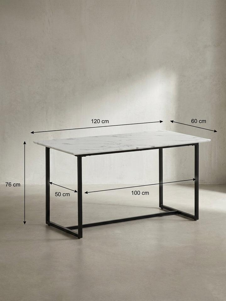 Technische Zeichnung des kompakten Esstisches in Marmor-Optik mit präzisen Maßangaben von 120x60x76 cm für die exakte Planung im heimischen Esszimmer_